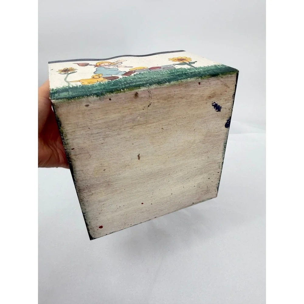 Handmade Wooden Caddy SALLY Hand Painted Girl Dog Sunflowers Cottage Core